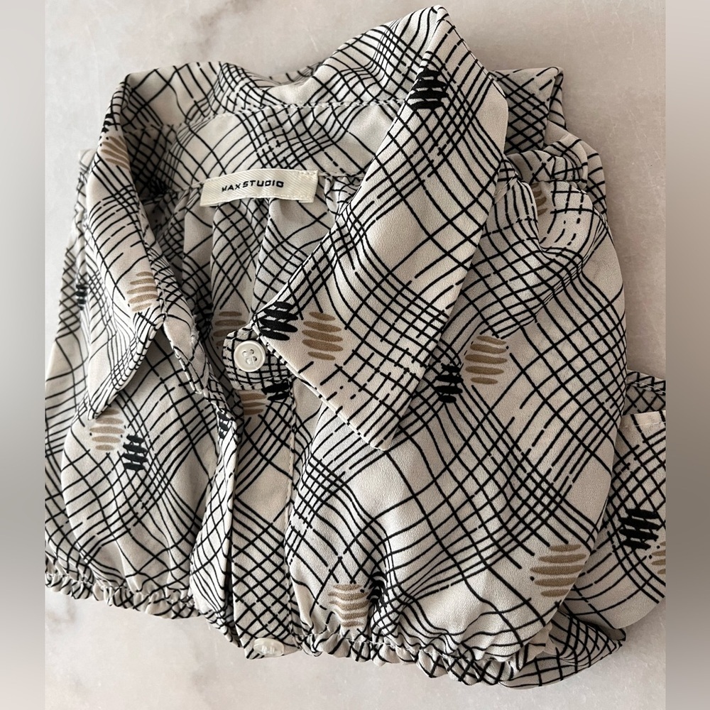 Max Studio Long Sleeves Ruffle Details Printed Blouse Top Sz Medium Beige - Picture 10 of 10